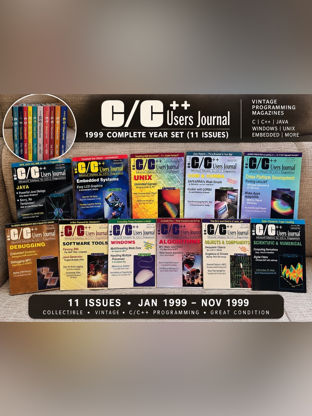 C/C++ Users Journal 1999 Complete Year Set - Multi-Color Covers (11 Issues)
